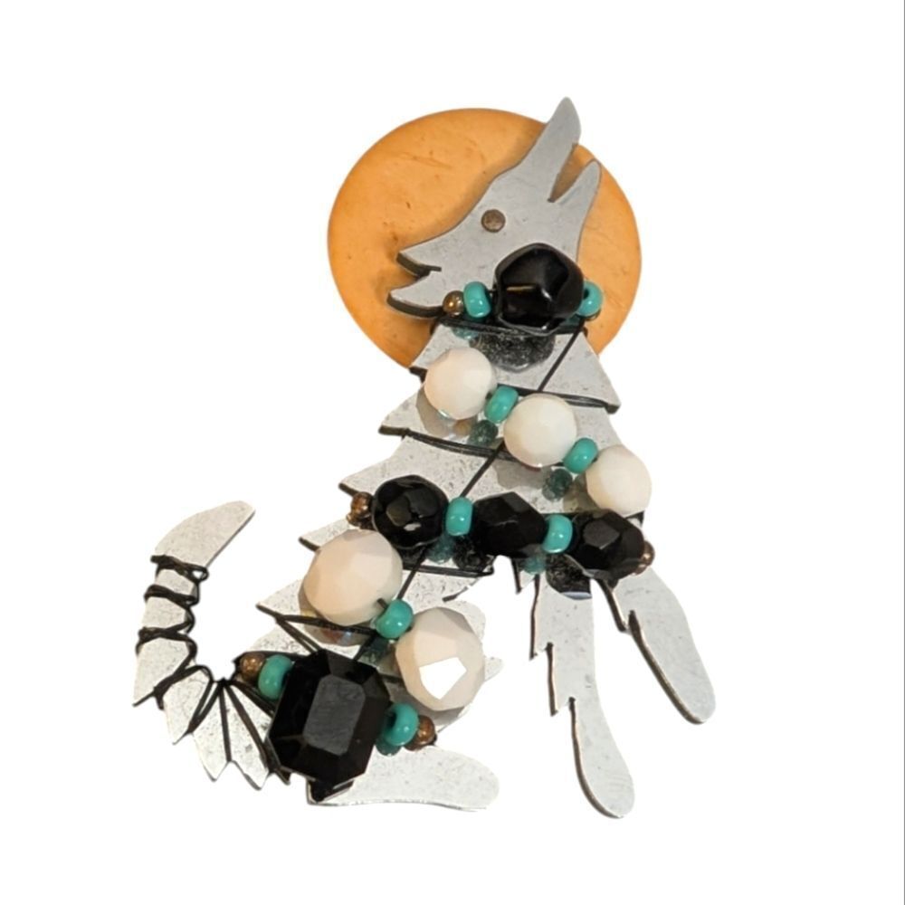 Vintage Liz Tech artist howling wolf  metal, wood & bead brooch pin southwestern